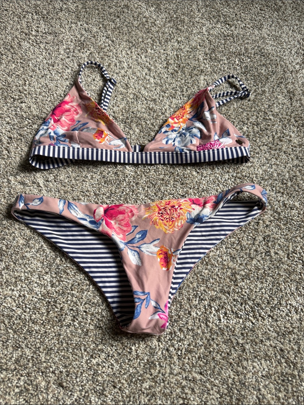 Rip Curl Pink Floral & Navy Stripe Reversible Bikini